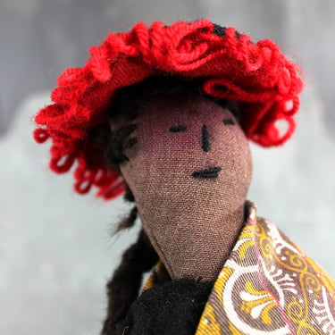 Vintage Folk Doll | Doll with Traditional Dress and Hat | Fabric Doll with Yarn Hair and Accents 