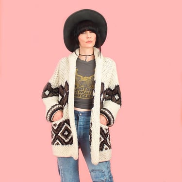 Vintage 1970's Chunky Wool Hand Knit Sweater // Rolled Shawl Collar // HiPPie Bohemian Boho os 