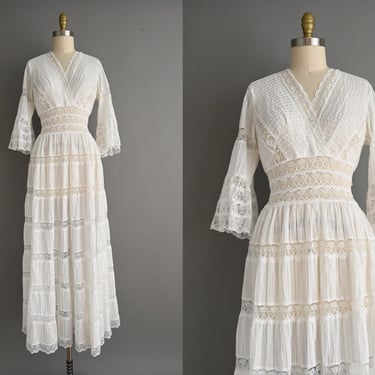 vintage 1970s Dress | Bell Sleeve Cotton Lace Full Skirt Bridal Wedding Dress | Large 