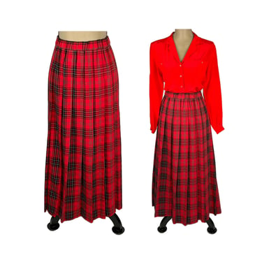 Vintage 80s EAGLES EYE Red Plaid Maxi Skirt Large, Scottish Tartan Long Pleated Skirts for Women 