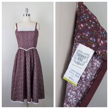 Vintage 1980s Gunne Sax dress, calico, ditsy floral, prairie, size 11, burgundy 