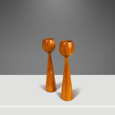 Set of Two ( 2 ) Danish Mid-Century Modern Wood-Turned Flared Tulip Candlestick Holders in Solid Ash, Denmark, c. 1960's 