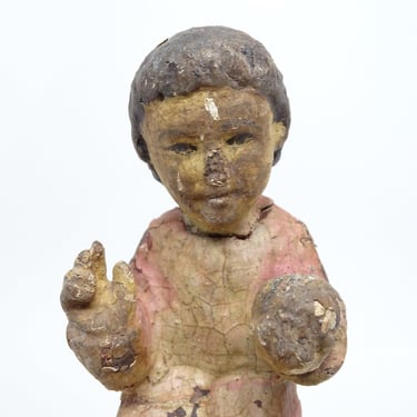 Antique 1800's Infant of Prague Santos, Hand Carved Primitive Folk Art, Vintage Church Statue Christ Child Jesus 