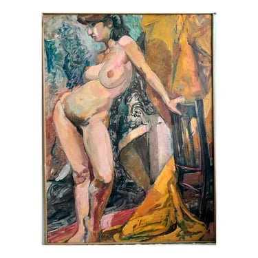 Vintage Philadelphia 1981 Anthony Ferarra Standing Nude With Chair Expressionist Figurative Oil Painting 