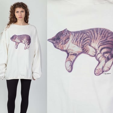 90s Oversized Sleeping Cat Sweatshirt - Men's XL | Vintage White Graphic Animal Pullover 