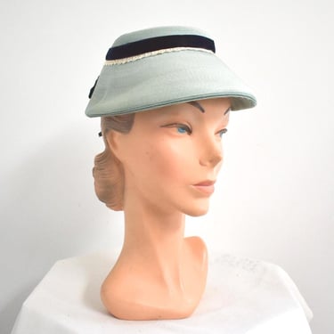 1940s Aqua Straw Hat with Lace and Velvet Trim 