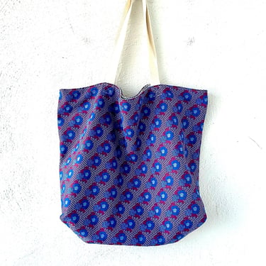 Vintage 70s Floral Reversible Tote Bag 1970s Blue Red White Shoulder Purse 