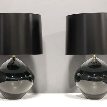 Large Karl Springer Style Black Ceramic Bulbous Lamps