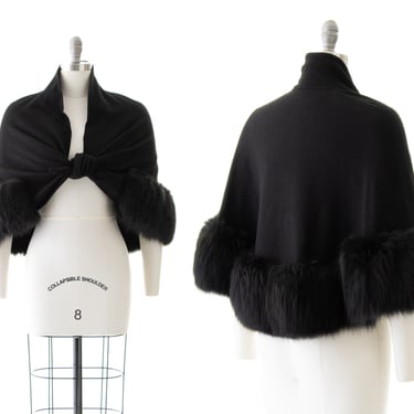 Vintage 1950s Wrap | 50s Plush Black Fox Fur Trim Wool Jersey Knit Evening Winter Shawl (x-small/small/medium/large) 