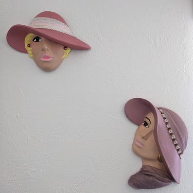 Vintage Set of 2 Ladies in Hats Wall Decor 
