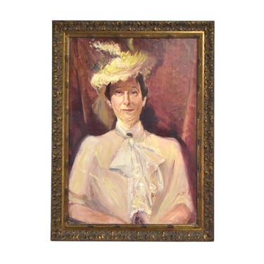 Early 20th Century Oil Painting Portrait of Woman in Fancy Hat and Scarf 