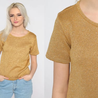 Gold Knit Top 80s Knit Shirt GOLD Blouse Metallic Sweater Boho Short Sleeve 90s Hipster Bohemian Retro Vintage Liz Claiborne Small S 