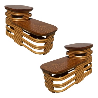 Restored Two-Tier Stacked Rattan Side Tables with Mahogany Tops, Pair 