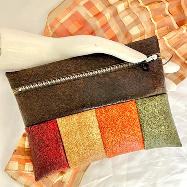 Vegan Faux Leather Clutch, Color Block Stripes, Metal Zipper, Earth Tones, Small Size 