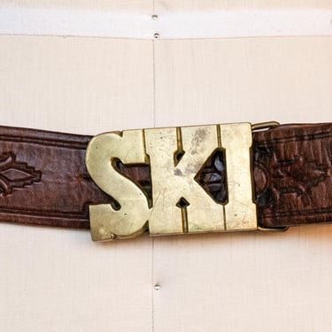 1970s Belt Brass Buckle Ski Tooled Leather 