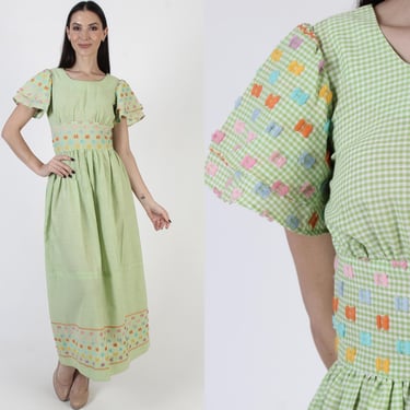 Green White Gingham Americana Dress, Plaid Puff Sleeve Work Maxi, 70s Country Picnic 