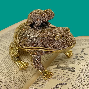 Vintage Bombay Company Frog Desk Set of 3 Retro 1980s Brass Metal + Bejewelled + Magnifying Glass + Letter Opener + Trinket Box/Desk Storage 