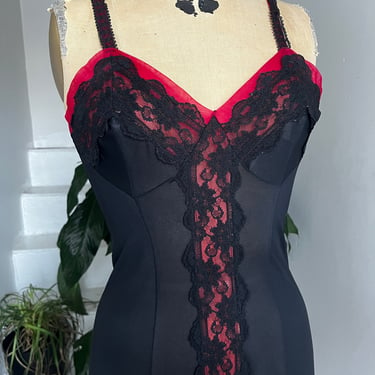 1960s Black and Ruby Red Nylon Slip Made in Germany Vintage 36 Bust 