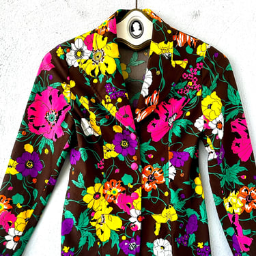 Vintage 70s Bright Floral Hawaiian Shirt Jacket 1970s Colorful Large Collar Top Brown Blazer 