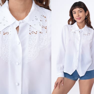 Cutout Lace Blouse 90s White Embroidered Button up Shirt Boho Top Cutwork Long Sleeve Blouse Cut Out Button Up Vintage Bohemian 1990s Medium 