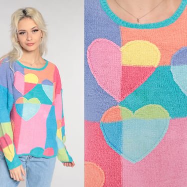 Heart Sweater 90s Colorful Knit Pullover Sweater Patchwork Color Block Girly Purple Pink Blue Yellow Orange Cotton Ramie Vintage 1980s XL 