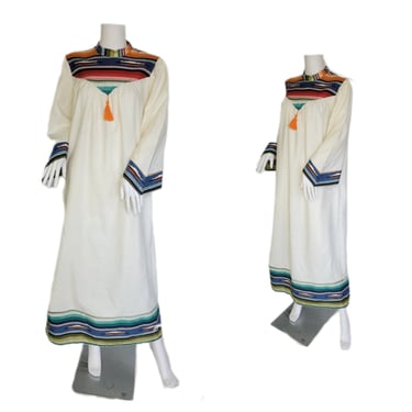1970's Southwest Print White Flannel Caftan Robe Maxi Dress I Sz Med I Jennifer Dale I Deadstock 
