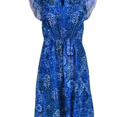 Elie Tahari - Blue Printed Silk Dress w/ Ruffle Sleeves Sz 2