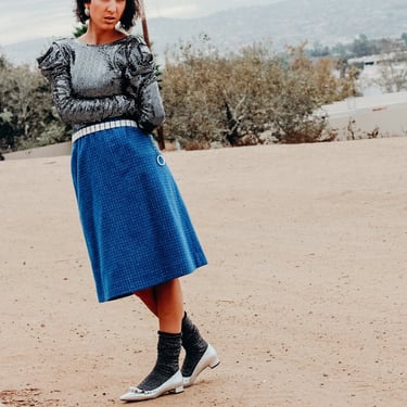 80s Vintage Wool Blue, Green, and Purple Skirt; 80s Tweed Rainbow Skirt with Elastic Waistband 