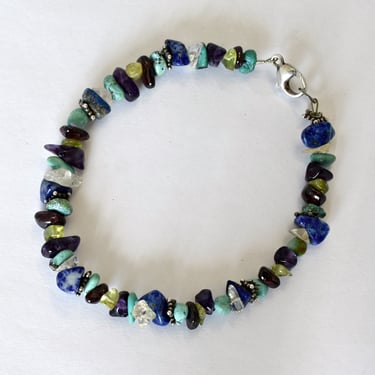 70's turquoise amethyst citrine quartz garnet lapis lazuli nuggets & 925 stars boho hippie bracelet 