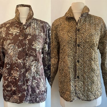 Vintage 80s SILK QUILTED Animal Print Jacket Coat / REVERSIBLE / Cheetah + Leopard + Tiger 