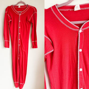 Vintage Red Cotton Blend Long John PJ / S-M 