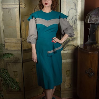 Vintage Dress - Wounded Bird - 1940s or 40s Style Teal and Grey Colorblock Peplum Dress of Unknown Era 