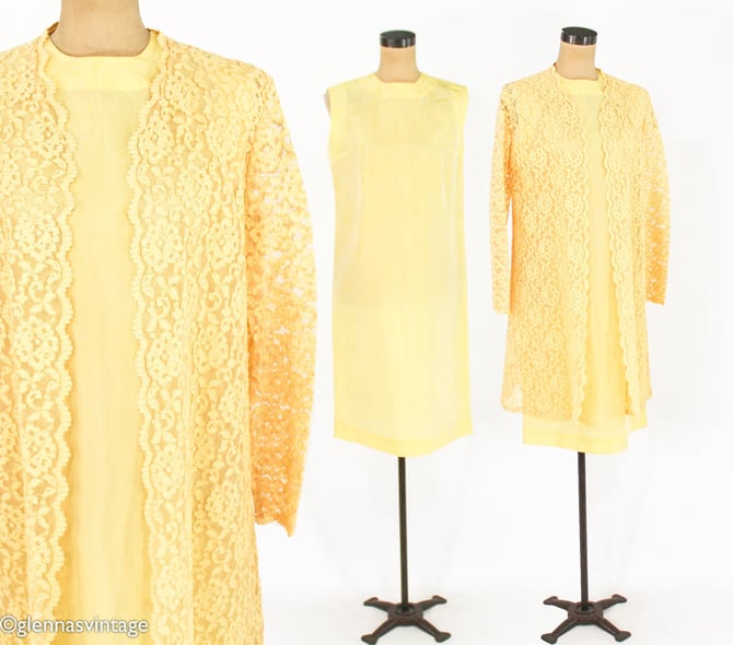 1960s Yellow Silk Dress & Lace Coat Set | 60s Buttercup Yellow Matching Dress Set | Jackie O | Medium 