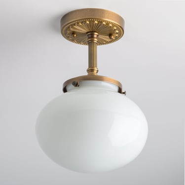 White Glass fixture - Semi Flush Lighting - Heavy Gauge Brass Ceiling Light Fixture - Rounded Glass Shade - Historic Design 