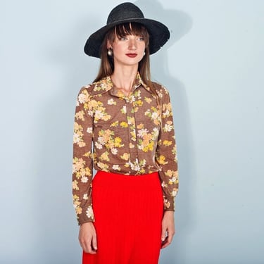 70s Brown Floral Knit Long Sleeve Top Vintage Autumn Pointy Collar Blouse 