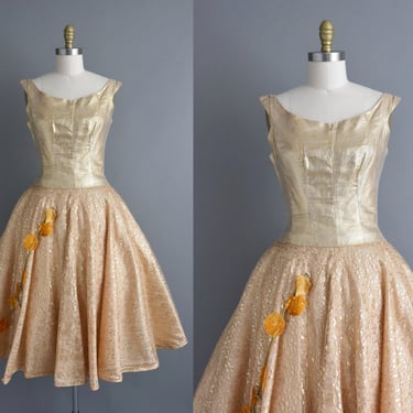 vintage 1950s Sparkly Gold Holiday Party Sweeping Full Skirt Dress | Medium 