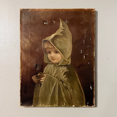 19th Century Painting of Young Girl in Hooded Cloak - 1800s Fantasy Style - Mystery Artist - Rare Creepy Art - Brothers Grimm - AS IS 