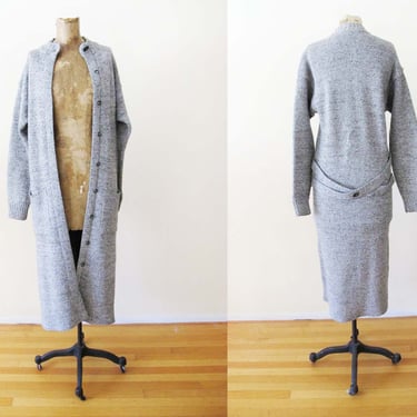 Vintage 70s Long Knitted Wool Duster Jacket XS S - 1970s Gray Marled Cardigan Sweater Coat - Bohemian Hippie Style 