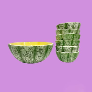 Vintage Salad Bowl Set Retro 1980s Cantaloupe Melon + Contemporary + Pier 1 + Ceramic + Set of 7 Bowls + Servingware + Made in Japan 