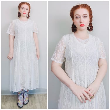 1990s Vintage Nostalgia Cream Lace Grunge Dress / 90s / Nineties Romantic Rayon Relaxed Fit Maxi Dress / Size Large - XL 
