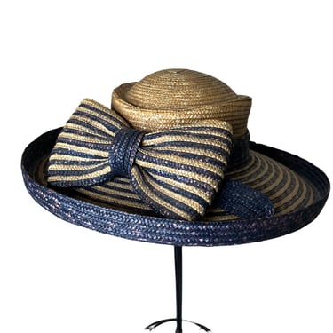 Vintage Donewell Australia Navy Striped Straw Sun Hat Wide Brim with Bow 