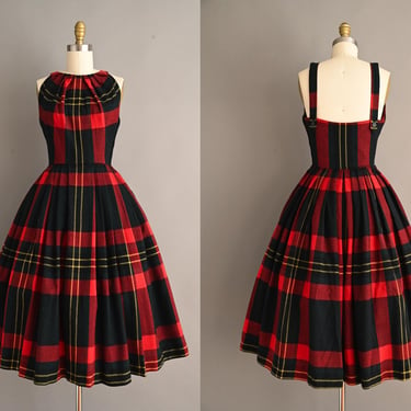 vintage 1950s Dress | Classic Red & Black Plaid Print Soft Wool Full Skirt Dress | XS Small 