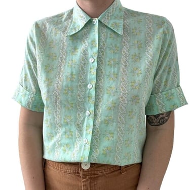 Vintage 1970s Womens Cotton Blend Green Floral Cottagecore Pointed Collar Blouse 