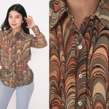 Psychedelic Blouse 70s Disco Shirt Abstract Op art Print Button Up Hippie Groovy Long Sleeve Top Green Brown Orange Blue Vintage 1970s Small 