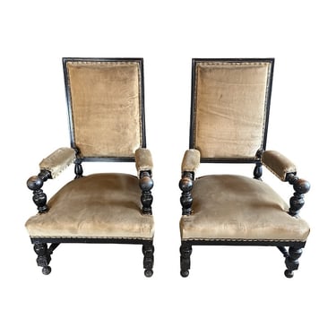 Pair of Black Framed Armchairs, 19th Century
