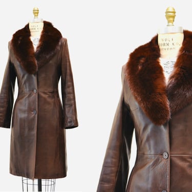90s Vintage Brown Leather Jacket Trench Coat Fox Fur Collar by North Beach Michael Hoban Small Brown Leather Fur Long Jacket Trench Coat 