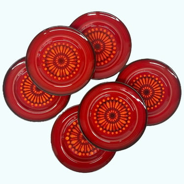 Vintage Metlox Salad Plates 1970s Retro Size 7.75" D + Mid Century Modern + Poppy Trail + Medallion Red + Vernon + Ceramic Flower + Set of 6 