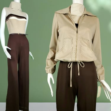 Bell bottom jumpsuit set DEADSTOCK vintage 70s. Brown/taupe stripes sleeveless 3 piece with jacket/belt. Polyester. (XS/S) 
