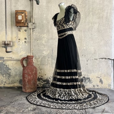 Vintage 1930s Black Net Tulle Floor Length Dress Cream Floral Embroidery