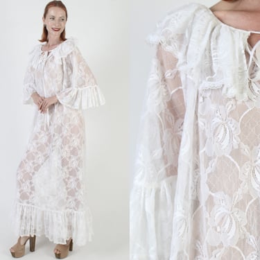 David Brown California Lace Nightgown, Vintage 70s Neiman Marcus Designer Kaftan, Sexy See Through Wedding Lingerie 